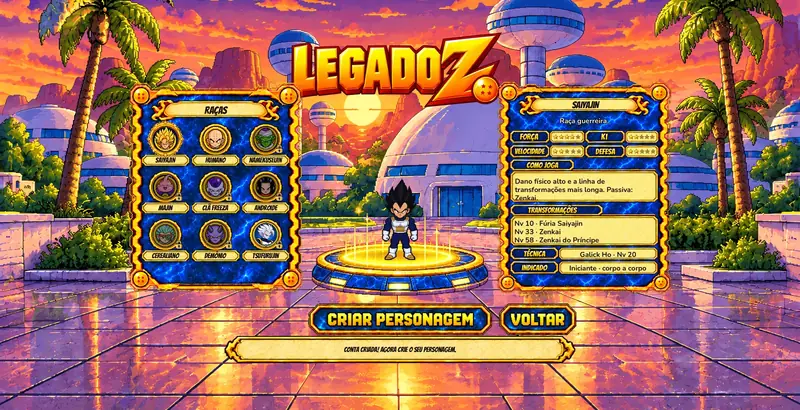 Criação do personagem com as raças e a ficha da raça escolhida