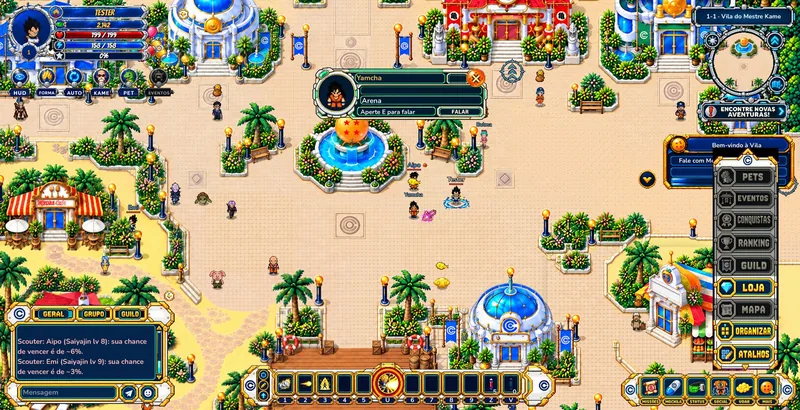 Vila Kame com o menu Mais aberto, mostrando Eventos