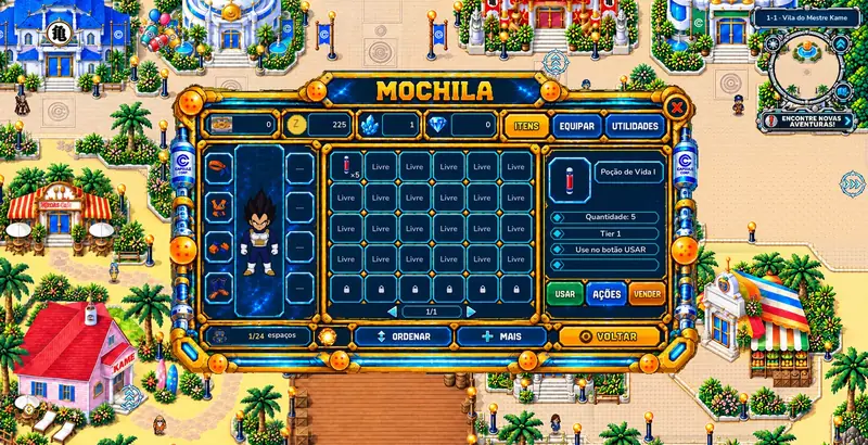 Mochila com equipamento, itens e poções